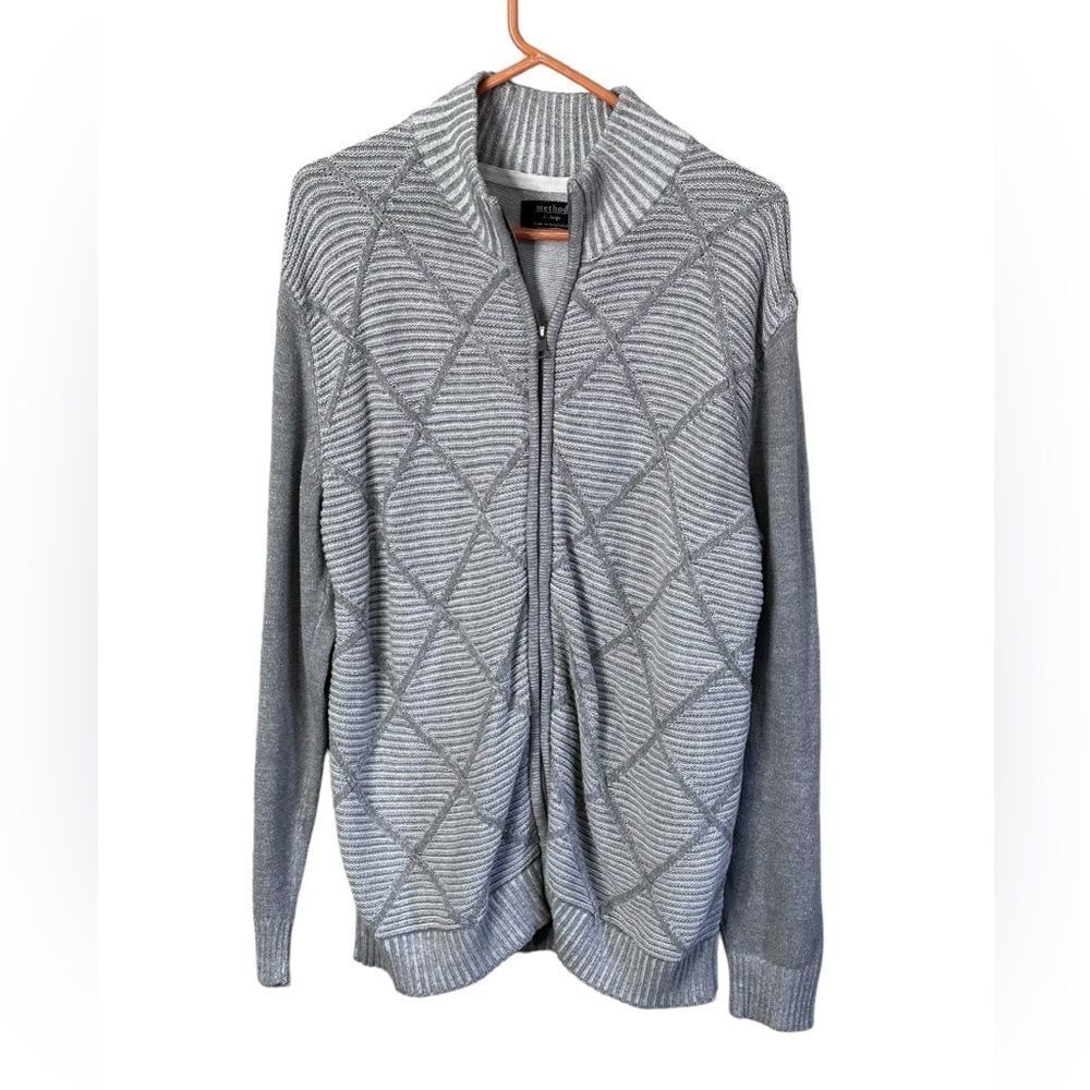 Method Men's XL Grey Diamond Stitch Mock Neck Front Zip Cardigan Sweater